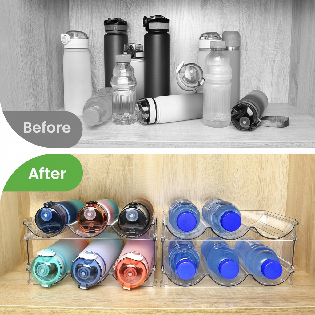 spospo Water Bottle Organizer for Cabinet, Water Bottle Storage Organizer, 2 Packs Water Bottle Storage Rack, Water Bottle Holder for Cabinet, Stackable Water Bottle Storage Rack